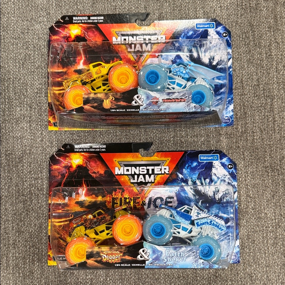 Lot of (4) Fire & Ice Monster Jam Trucks BAKUGAN SON OF A DIGGER EARTH SHAKER